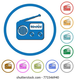 Vintage retro radio flat color vector icons with shadows in round outlines on white background