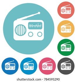 Vintage retro radio flat white icons on round color backgrounds
