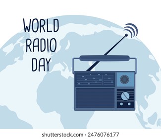 Vintage retro radio with globe background. World radio day. Banner, poster, vector
