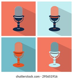 Vintage retro radio microphone set - the web icon in square frame. old technology concept, flat and long shadow theme design mic sign collection, vector art image illustration, isolated on background