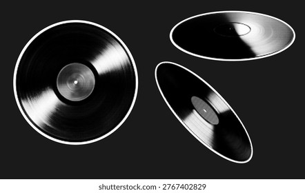 Vintage retro record for halftone music vinyl and illustration collage vector. Art isolated set for pop audio design set and grunge dot poster. Vintage monochrome sound for halftone texture nostalgia.