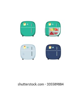 Vintage retro red closed and opened refrigerator full of food. Household appliances flat vector icon Illustration for mobile and website game or application in green and light-blue color. 