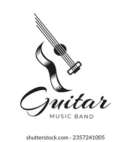 Vintage Retro Ribbon Banner Classical Acoustic Guitar Music logo design