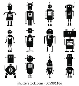 Vintage retro robots icons set in black and white 
