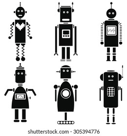 Vintage retro robots icons set in black and white set of 6  ( set A) 
