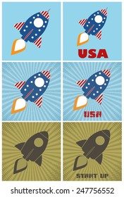 Vintage Retro Rocket Concept. Flat Style Vector Collection Set