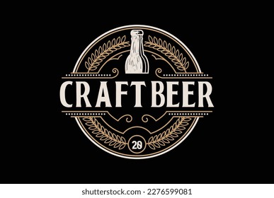 Vintage Retro Round Craft Beer Brewing Brewery Bottle with Wheat Grain or Laurel Leaf Badge Emblem Label Logo Design