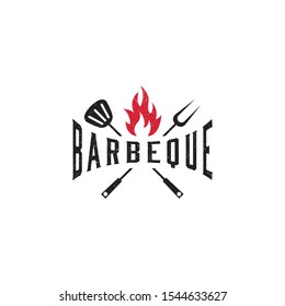 Vintage Retro Rustic BBQ Grill, Barbecue, Barbeque, Label Stamp Logo design vector, Barbecue logo with meat cutlery and fire combined in beautiful typography
