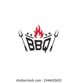 Vintage Retro Rustic BBQ Grill, Barbecue, Barbeque, Label Stamp Logo design vector, Barbecue logo with meat cutlery and fire combined in beautiful typography