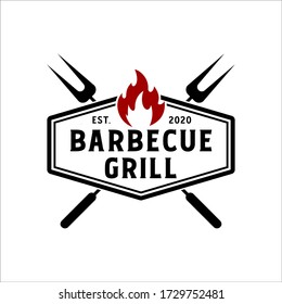 Vintage Retro Rustic BBQ Grill, Barbecue, Barbeque Label Stamp Logo Design Vector