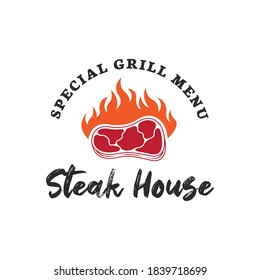 Vintage Retro Rustic BBQ Grill, Barbecue, Barbeque, Label Stamp Logo design vector, Barbecue logo with meat cutlery and fire combined in beautiful typography