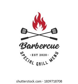 Vintage Retro Rustic BBQ Grill, Barbecue, Barbeque, Label Stamp Logo design vector, Barbecue logo with meat cutlery and fire combined in beautiful typography