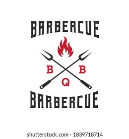 Vintage Retro Rustic BBQ Grill, Barbecue, Barbeque, Label Stamp Logo design vector, Barbecue logo with meat cutlery and fire combined in beautiful typography
