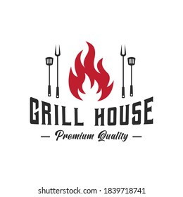 diseño planilla de logotipo barbacoa, bbq y grill, emblema de la casa de vapor ilustración vectorial premium