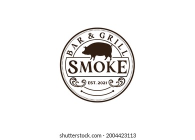 Grill Rústico Vintage Retro BBQ Grill, Barbacoa, diseño de logotipo de sello Barbeque Label