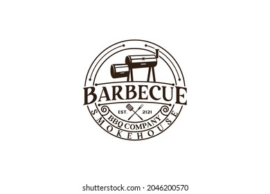 Grill Rústico Vintage Retro BBQ Grill, Barbacoa, diseño de logotipo de sello Barbeque Label
