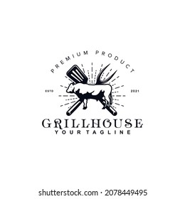 Vintage Retro Rustic BBQ Grill, Barbecue, Beef, Barbeque Label Logo design vector for Restaurant