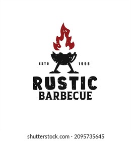 Vintage Retro Rustic BBQ Grill with fire, Barbeque Label logo design vector