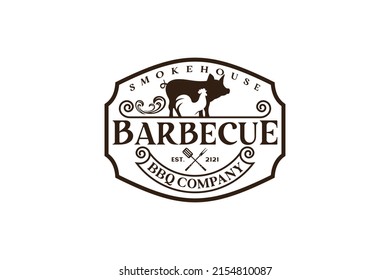 Vintage Retro Rustic BBQ Grill, Barbecue, Barbeque Label Stamp Logo design