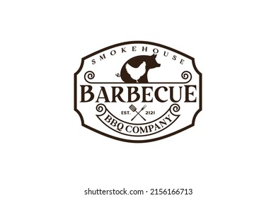 Vintage Retro Rustic BBQ Grill, Barbecue, Barbeque Label Stamp Logo design