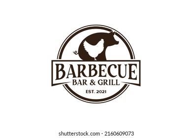 Grill Rústico Vintage Retro BBQ Grill, Barbacoa, diseño de logotipo de sello Barbeque Label