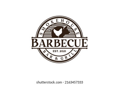 Grill Rústico Vintage Retro BBQ Grill, Barbacoa, diseño de logotipo de sello Barbeque Label