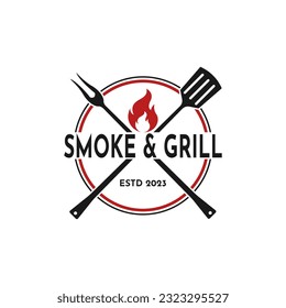 Modelo de diseño de logotipo de sello de etiqueta de Barbeque Retro Vintage Rústico BBQ Grill, Barbacoa