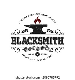 Vintage Retro Rustic, Blacksmith, Iron Works, Wrought Iron Works, Hand Forged Products Vector Logo illustration