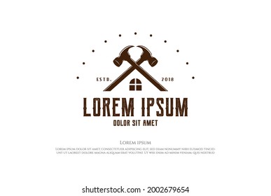 Vintage Retro Rustic House with Hammer for Restoration or Renovation Service Logo Design Vector