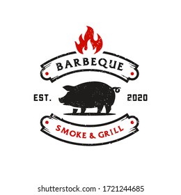 Vintage Retro Rustic Pork Pig BBQ Grill, Barbecue Party , Barbeque Label Stamp Logo Design Vector Invitation , With Fire Flame Design