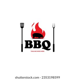 Vintage Retro Rustic pork pig BBQ Grill, Barbecue party, Barbeque Label Stamp Logo design vector invitation, with fire flame design
