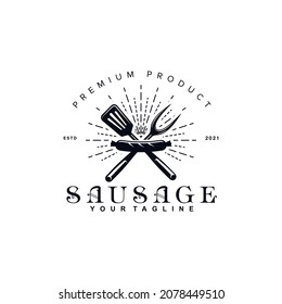 Vintage Retro Rustic Sausage Barbecue logo vector design template inspiration idea