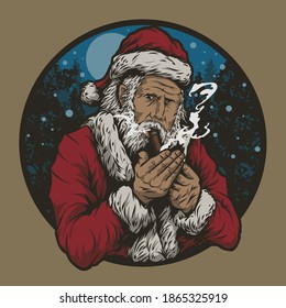 Vintage Retro Santa Claus Smoking Chigarette Cannabis in Night Forest Snow Fall Merrry Christmas Vector Mascot Illustration