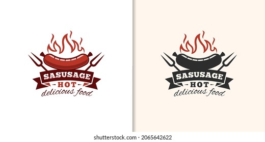 vintage retro Sausage hot grilled logo, bbq, barbecue classic logo with black version