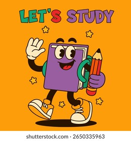 Vintage retro School Book Mascot, cartoon vector character.