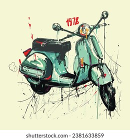 Motocicleta retro vintage, dibujada a mano, ilustración de acuarela.  plantilla de vector de scooter para diseño gráfico. Motocicleta clásica. Ilustración vectorial. Diseño para emblema o camiseta.Diseño de camisetas escocesas,