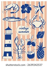 Vintage Retro Sea Beach Summer Poster Print. Flat hand drawn illustration vector. Sea shell, sea market  