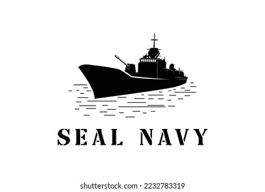 Vintage Retro Sea Ocean Navy Seal Ship for Military Army Soldier Logo Design