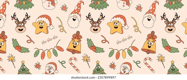 Vintage retro seamless pattern with funny cartoon characters. Christmas background gnome, tree, gifts, star, garland. Vector illustration