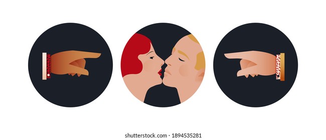 Vintage Retro Set. Modern Flat Vector Concept Illustrations. Badges with Pointing Fingers, Kissing Couple. Social Media Ads.