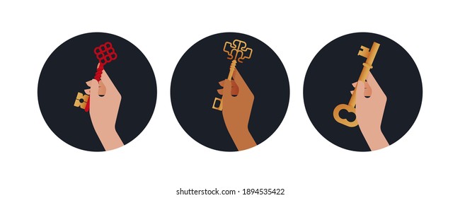 Conjunto retro vintage. Ilustraciones modernas de concepto de vectores planos. Insignias con llaves de mano. Anuncios de medios sociales.