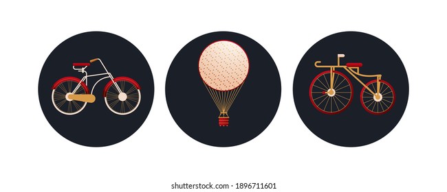 Conjunto retro vintage. Ilustraciones modernas de concepto de vectores planos. Badges con bicicletas de estilo antiguo, globo aerostático. Anuncios de medios sociales.