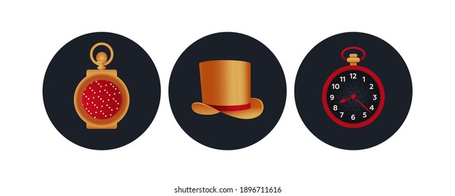 Vintage Retro Set. Modern Flat Vector Concept Illustrations. Badges with Old-fashioned Clock Kinds, Hat. Social Media Ads.