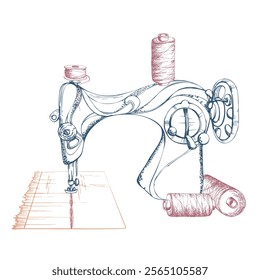 Vintage retro sewing machine with red thread bobbins, fabric. Hand drawn ink vector illustration sewing craft supplies. Composition isolated on white background. Design atelier, tailor, hobby shop