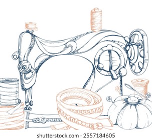 Vintage retro sewing machine with ribbon thread bobbins, pin cushion, zippers. Hand drawn ink vector illustration sewing craft supplies. Composition isolated white. Design atelier, tailor, hobby shop