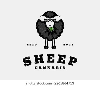 Vintage Retro Cordero de oveja Ganado Ganado Estiloso Animal doméstico Hemp Cannabis Vector Diseño