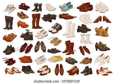 Vintage and retro shoes for men and women, isolated pairs of footwear for ladies and gentlemen. Boots for winter and autumn, japanese and indian design, apparel and outfits. Vector in flat style