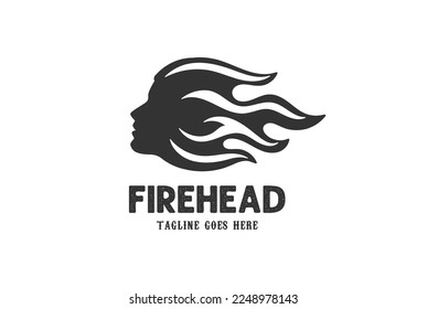 Vintage Retro Silhouette of Head Face with Fire Flame Burn Hair for Tattoo Design Vector