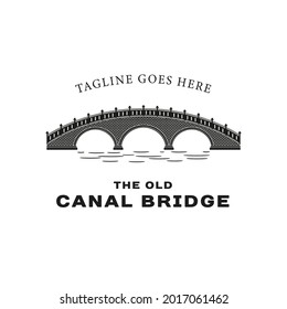 Vintage Retro Silhouette of Old Canal Stone Bridge Logo Design. Brick Bridge Logo Template