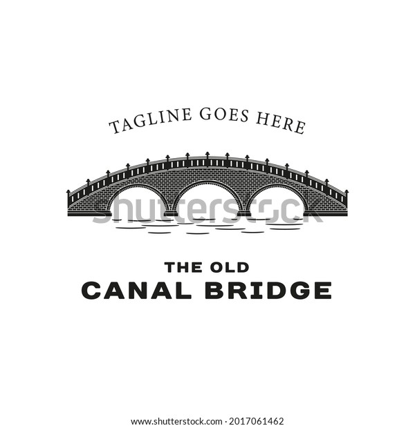 Vintage Retro Silhouette of Old\
Canal Stone Bridge Logo Design. Brick Bridge Logo\
Template